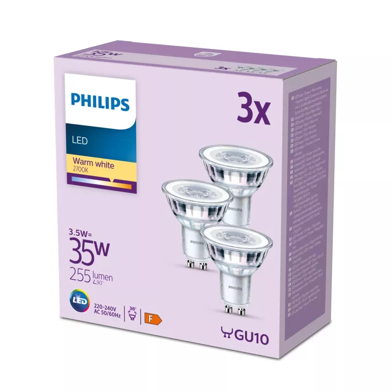 Philips Spot 35W PAR16 GU10 x3, 3,5 W, 35 W, GU10, 255 lm, 15000 h, Warmweiß
