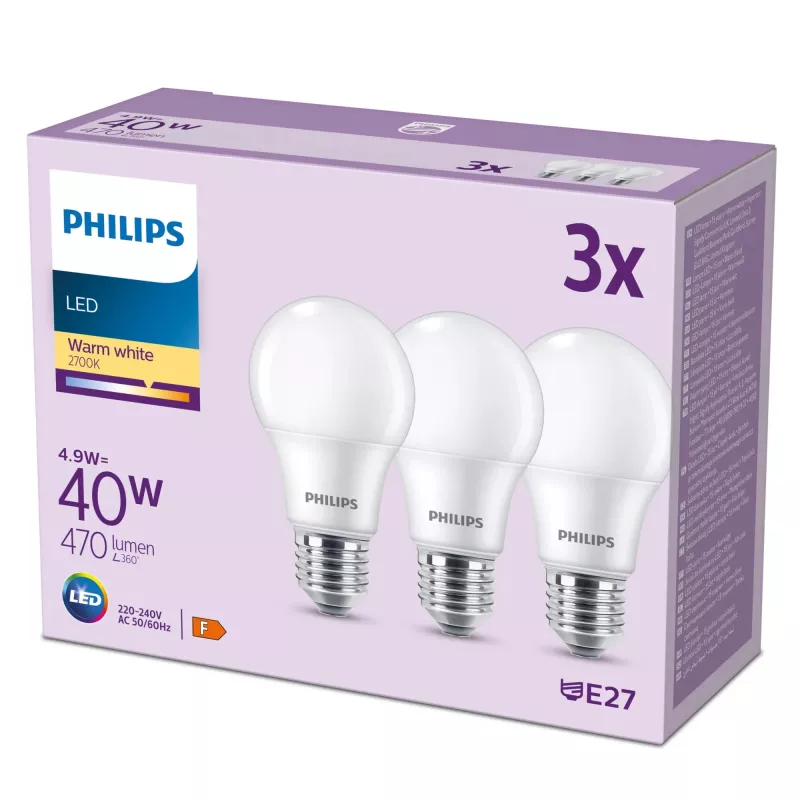 Philips Birne 40W A60 E27 x3, 4,9 W, 40 W, E27, 470 lm, 15000 h, Warmweiß