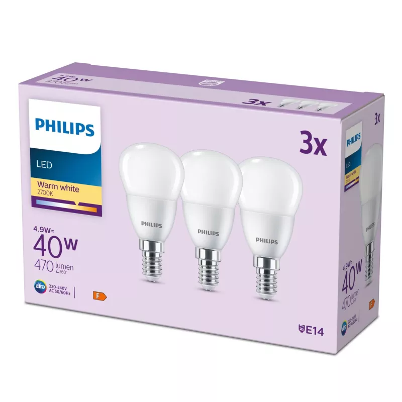 Philips Candle 40W P45 E14 x3, 4,9 W, 40 W, E14, 470 lm, 15000 h, Warmweiß