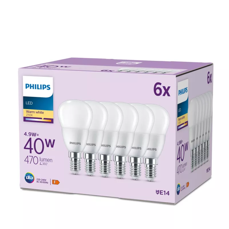 Philips Candle 40W P45 E14 x6, 4,9 W, 40 W, E14, 470 lm, 15000 h, Warmweiß