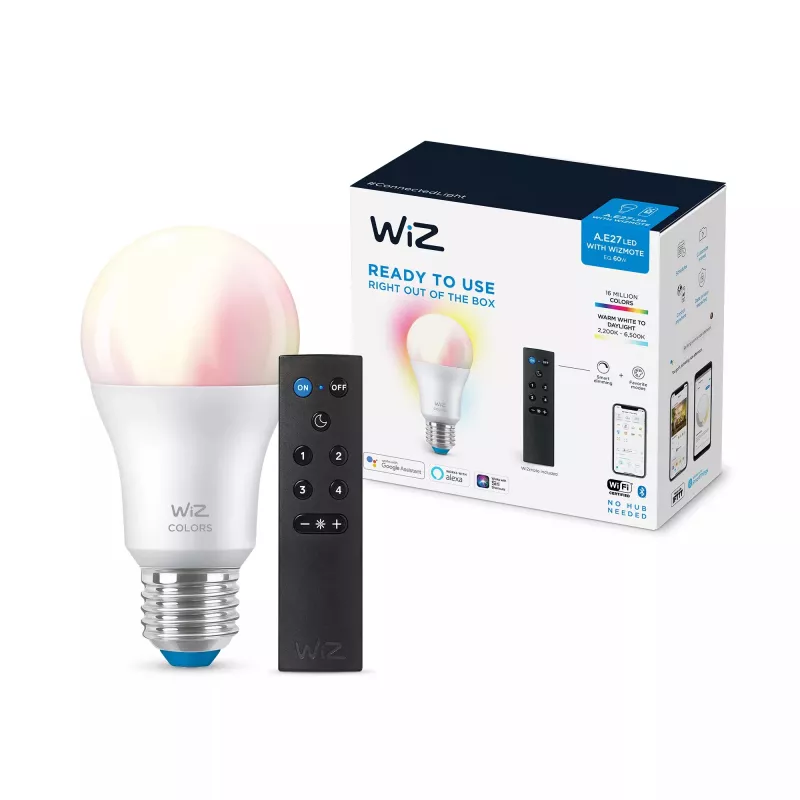 WiZ Bulb 8W (Eq.60W) A60 E27 x1 + Fernbedienung, Intelligente Lampe, Wi-Fi/Bluetooth, Weiß, Wi-Fi 4 (802.11n), 802.11b, 802.11g, LED, E27