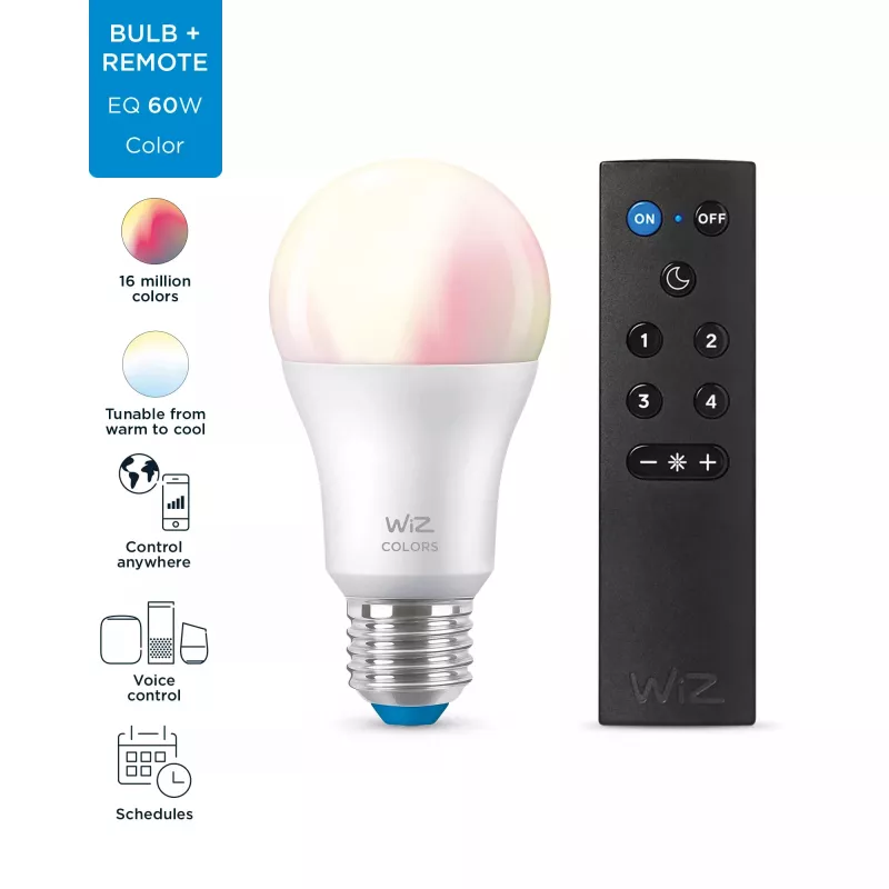 WiZ Bulb 8W (Eq.60W) A60 E27 x1 + Fernbedienung, Intelligente Lampe, Wi-Fi/Bluetooth, Weiß, Wi-Fi 4 (802.11n), 802.11b, 802.11g, LED, E27