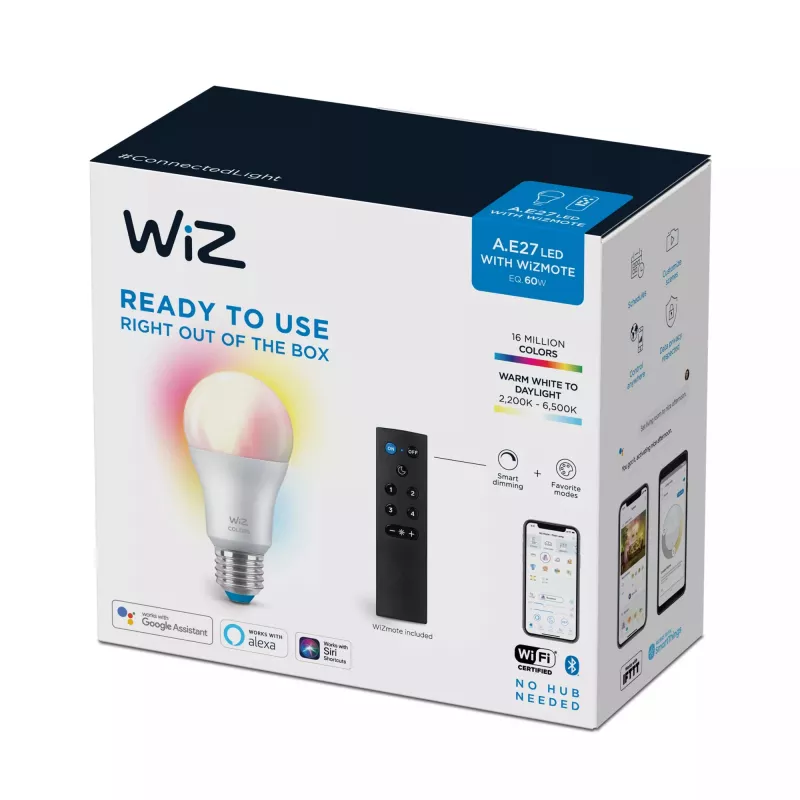 WiZ Bulb 8W (Eq.60W) A60 E27 x1 + Fernbedienung, Intelligente Lampe, Wi-Fi/Bluetooth, Weiß, Wi-Fi 4 (802.11n), 802.11b, 802.11g, LED, E27