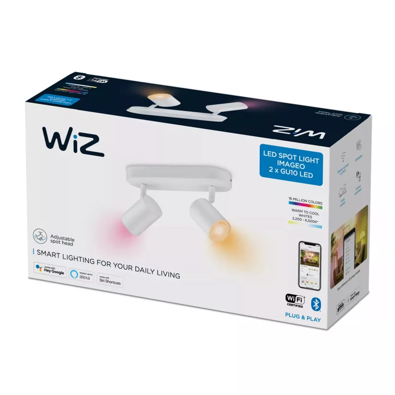 WiZ IMAGEO 2-fach verstellbarer Spot, Intelligente Deckenleuchte, Wi-Fi/Bluetooth, Weiß, Wi-Fi 4 (802.11n), 802.11b, 802.11g, LED, Metall