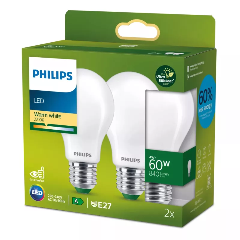 Philips Filament Bulb Frosted 60W A60 E27 4W Warm White 840lm