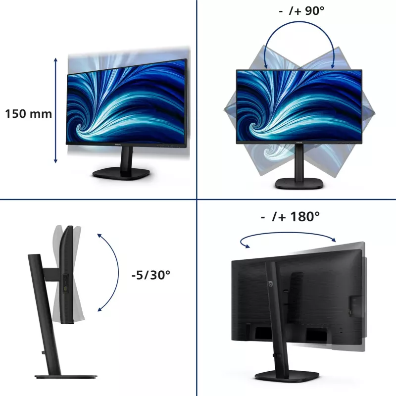 Monitor Philips 24B2U3601 23,8 Zoll (60,5 cm) IPS Quad HD 2560x1440, USB 3.2 Hub, USB-C, Lautsprecher, höhenverstellbar, VESA, Schwarz