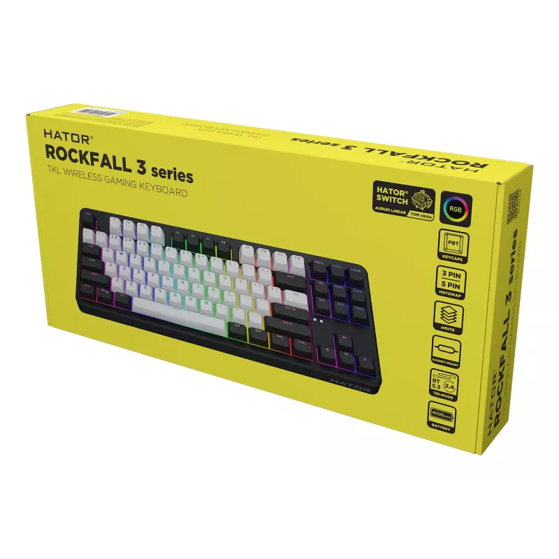 HATOR Rockfall 3 TKL Wireless, schwarz, QMK/VIA, OMA-Profil weiß-schwarze Tastenkappen Tastatur - lineare mechanische Hotswap-Schalter - US - ANSI-Layout (HTK850)