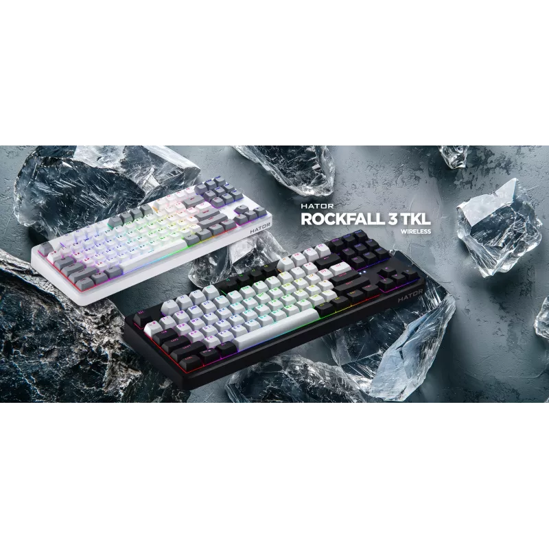 HATOR Rockfall 3 TKL Wireless, schwarz, QMK/VIA, OMA-Profil weiß-schwarze Tastenkappen Tastatur - lineare mechanische Hotswap-Schalter - US - ANSI-Layout (HTK850)