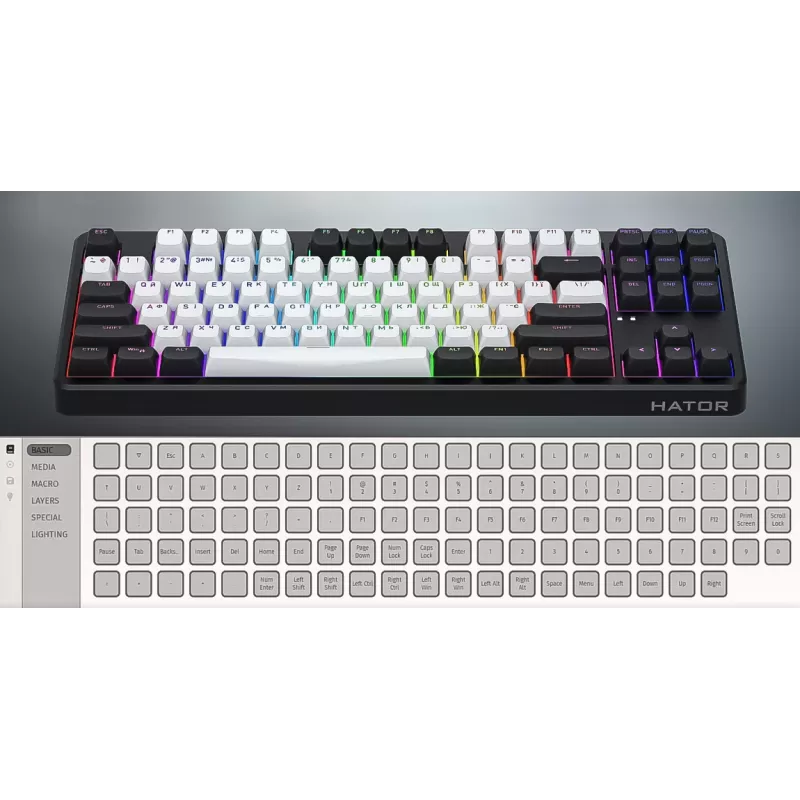 HATOR Rockfall 3 TKL Wireless, schwarz, QMK/VIA, OMA-Profil weiß-schwarze Tastenkappen Tastatur - lineare mechanische Hotswap-Schalter - US - ANSI-Layout (HTK850)