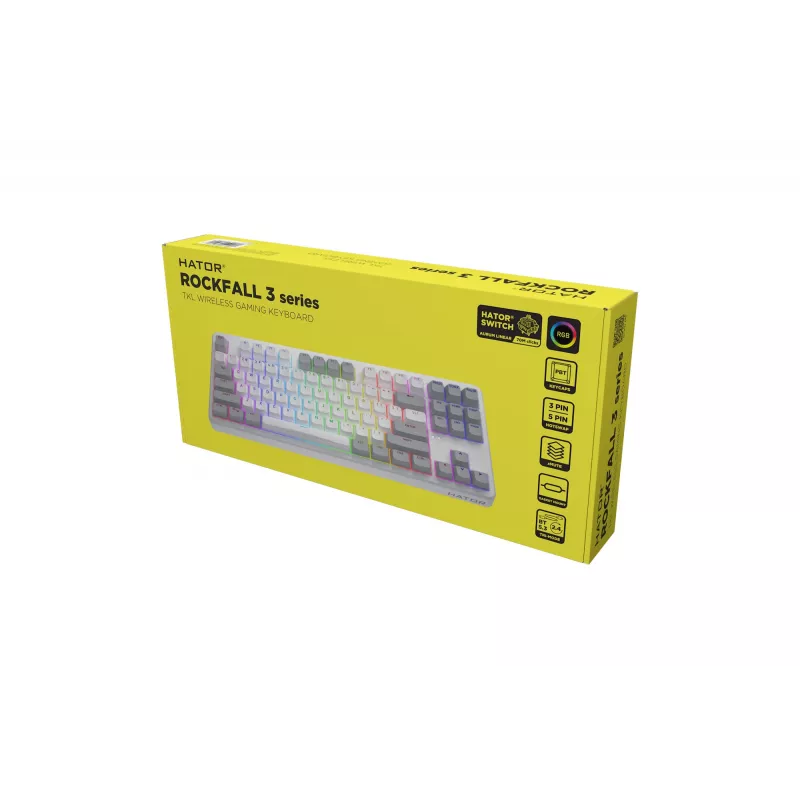 HATOR Rockfall 3 TKL Wireless, weiß, QMK/VIA, OMA-Profil weiß-schwarze Tastenkappen Tastatur – lineare mechanische Hotswap-Switches – US – ANSI-Layout