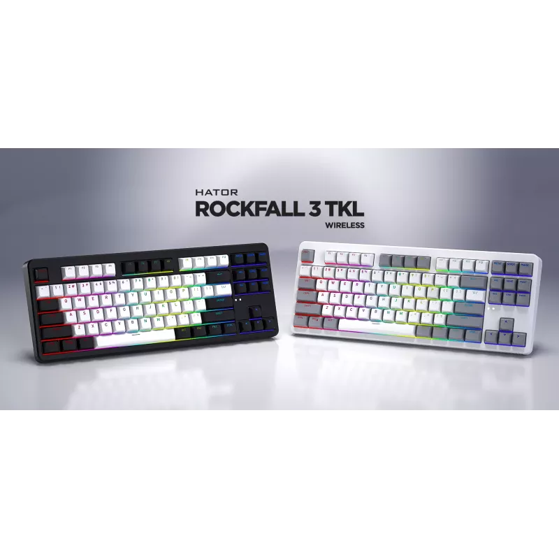 HATOR Rockfall 3 TKL Wireless, weiß, QMK/VIA, OMA-Profil weiß-schwarze Tastenkappen Tastatur – lineare mechanische Hotswap-Switches – US – ANSI-Layout