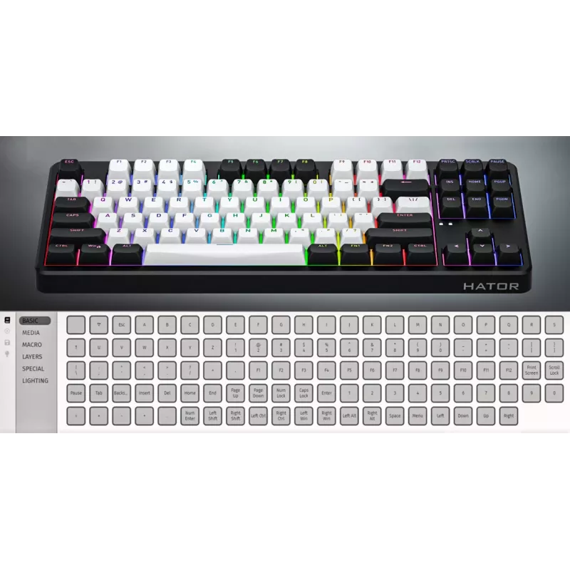 HATOR Rockfall 3 TKL Wireless, weiß, QMK/VIA, OMA-Profil weiß-schwarze Tastenkappen Tastatur – lineare mechanische Hotswap-Switches – US – ANSI-Layout