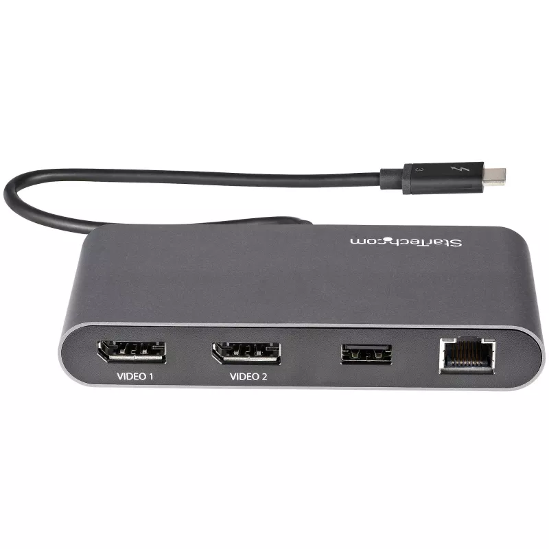 StarTech.com Dual-Monitor Thunderbolt Mini Dock, 4K 60Hz DisplayPort, Treiberloser Hub für Windows & Mac, Gigabit Ethernet, 1x USB-A (USB 5Gbps), 11in (28cm) Kabel