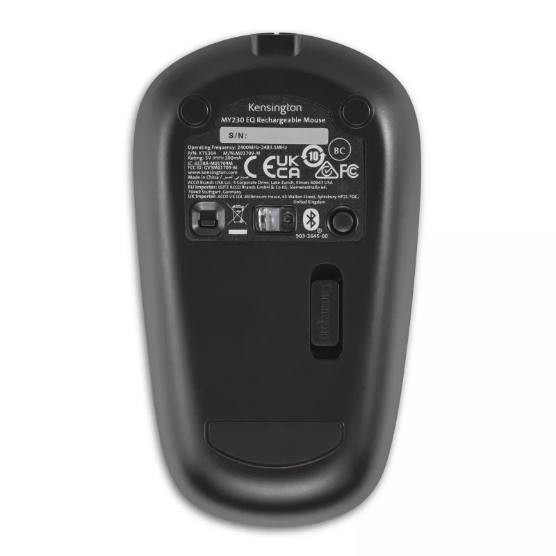 Kensington MY230 EQ Wiederaufladbare Maus – Kabellos – Mittelgroß, Beidhändig, RF Wireless + Bluetooth, 1200 DPI, Schwarz