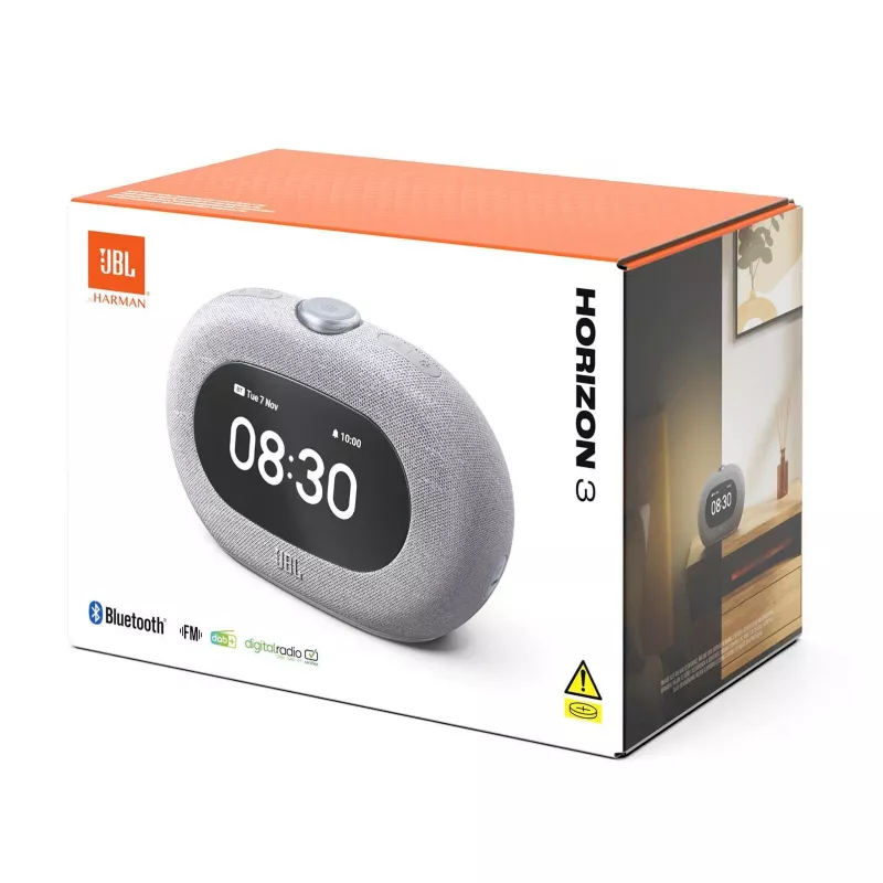 Uhrenradio JBL Horizon-3 — DAB/DAB+/FM, 5 W RMS, LCD-Anzeige, 65–20000 Hz, Drehregler-Lautstärke, Grau
