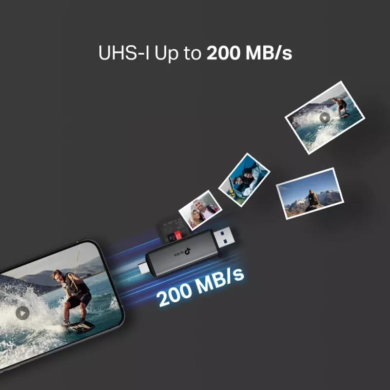 Kartenleser TP‑LINK UA430D USB 3.1 — MicroSD/SD-Unterstützung, 200 Mbit/s, Schwarz, 75×22,9×9,3 mm