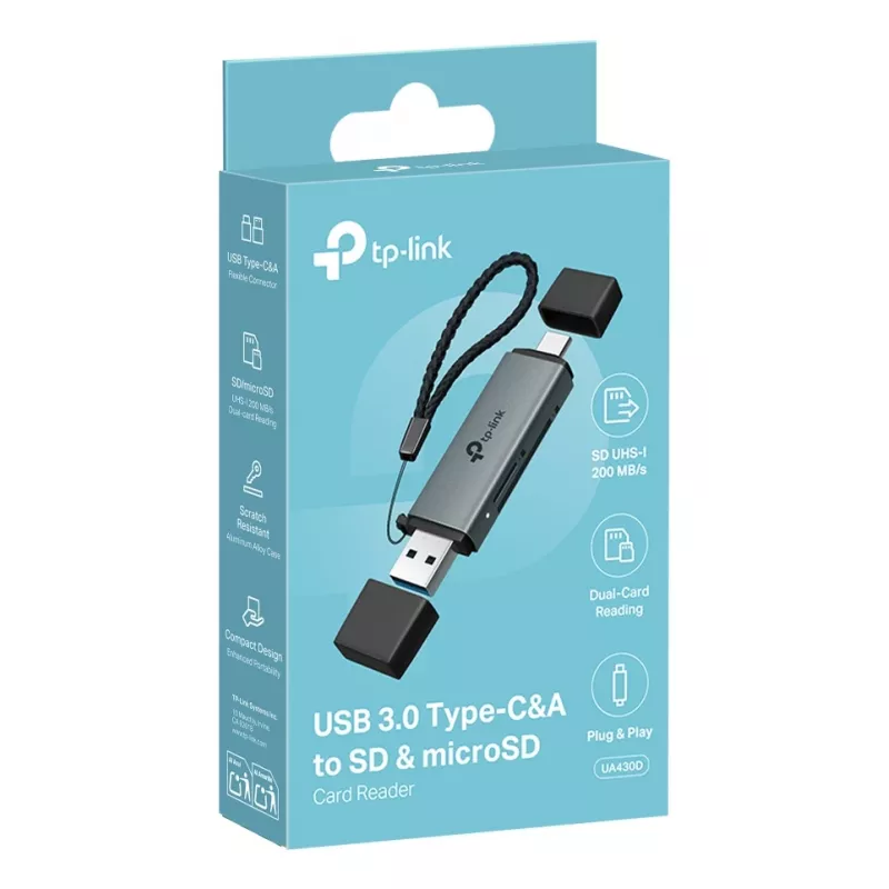 Kartenleser TP‑LINK UA430D USB 3.1 — MicroSD/SD-Unterstützung, 200 Mbit/s, Schwarz, 75×22,9×9,3 mm