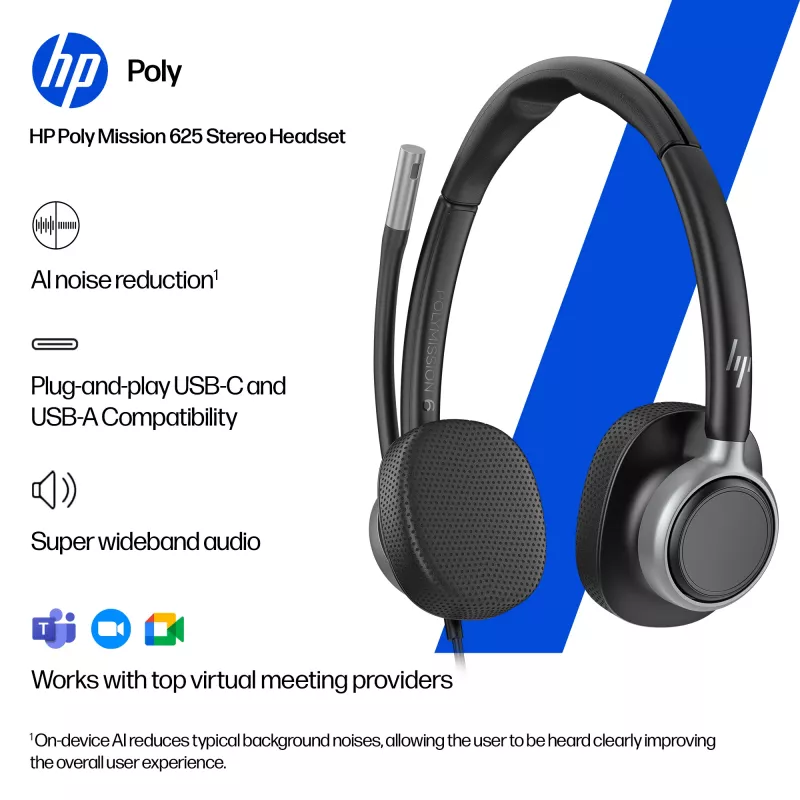 Kabelgebundenes Stereo-Headset HP POLY Mission 625 mit USB (C01C6AA)