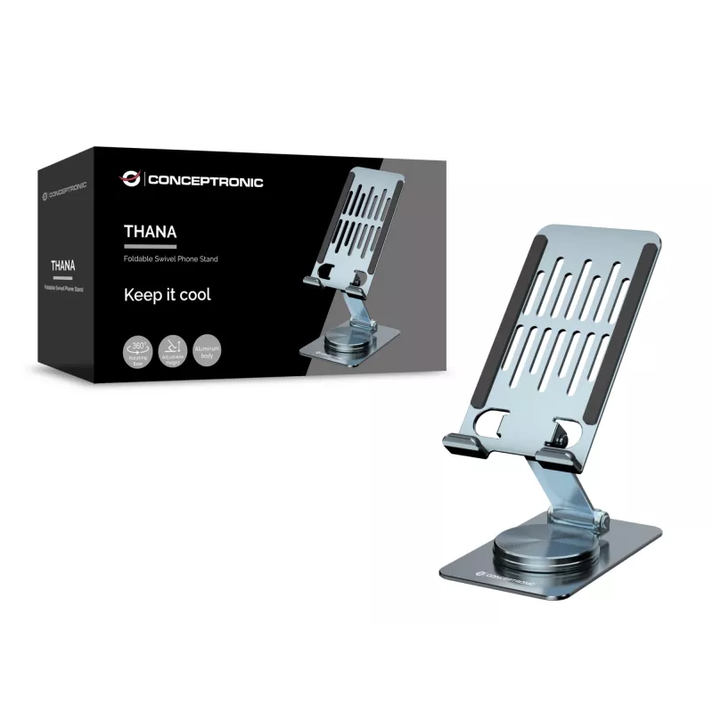 Faltbarer schwenkbarer Telefonständer CONCEPTRONIC THANA08G, 360° drehbare Basis, höhenverstellbar, Silber