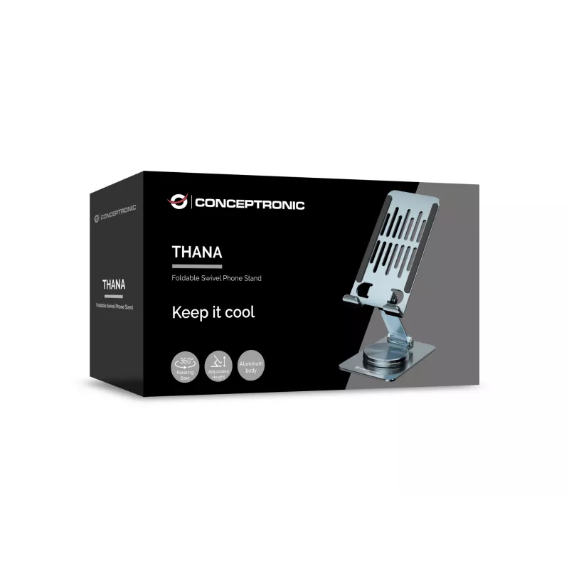 Faltbarer schwenkbarer Telefonständer CONCEPTRONIC THANA08G, 360° drehbare Basis, höhenverstellbar, Silber