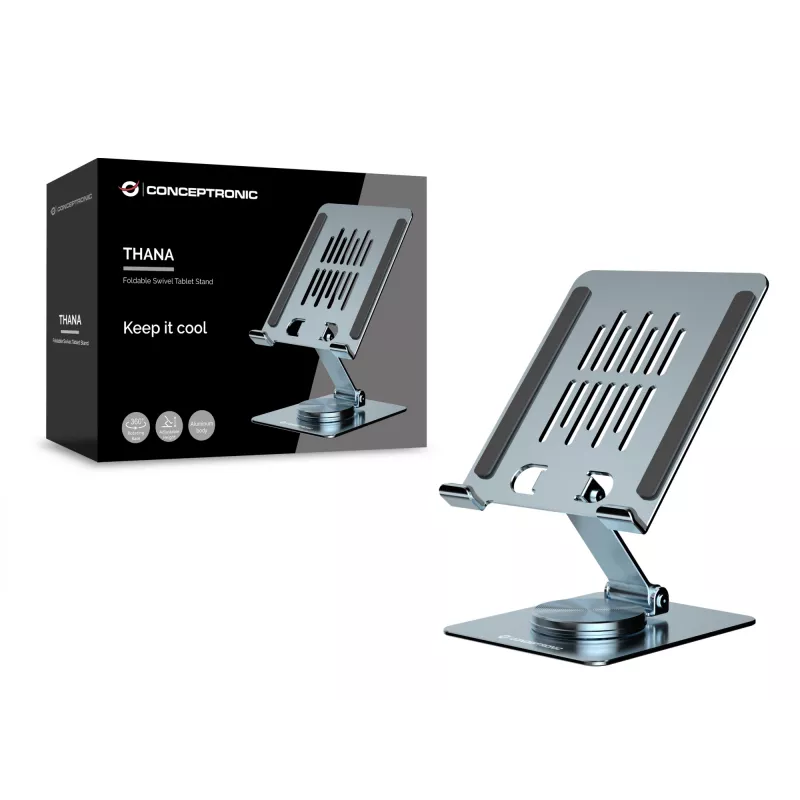 Multimedia-Tablet-Ständer CONCEPTRONIC THANA09G — faltbarer Schwenkständer, 360° drehbare Basis, höhenverstellbar, grau, 150×110×40 mm