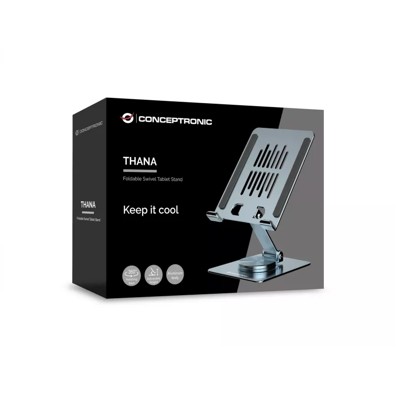 Multimedia-Tablet-Ständer CONCEPTRONIC THANA09G — faltbarer Schwenkständer, 360° drehbare Basis, höhenverstellbar, grau, 150×110×40 mm