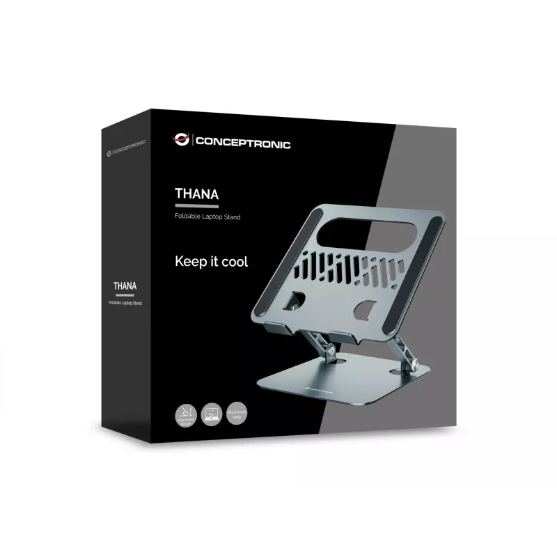 Laptopständer CONCEPTRONIC THANA10G — faltbar aus Aluminium, höhenverstellbar, grau, 240×220×50 mm