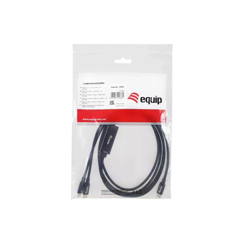 USB-C auf 2x USB-C Y-Ladekabel EQUIP 1,5 m PD 140 W, USB 2.0, Schwarz