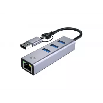 USB-C-zu-Gigabit-Netzwerkadapter mit 3-Port-USB-Hub CONCEPTRONIC ABBY25G — USB 3.2 Gen 1, 1 Gbit/s Ethernet, 3x USB-A, Aluminium, grau