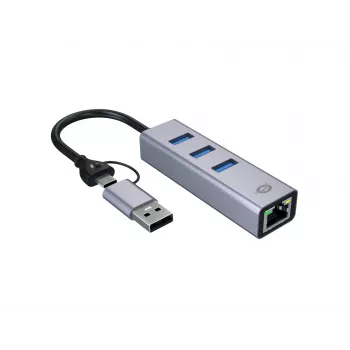 USB-C-zu-Gigabit-Netzwerkadapter mit 3-Port-USB-Hub CONCEPTRONIC ABBY25G — USB 3.2 Gen 1, 1 Gbit/s Ethernet, 3x USB-A, Aluminium, grau