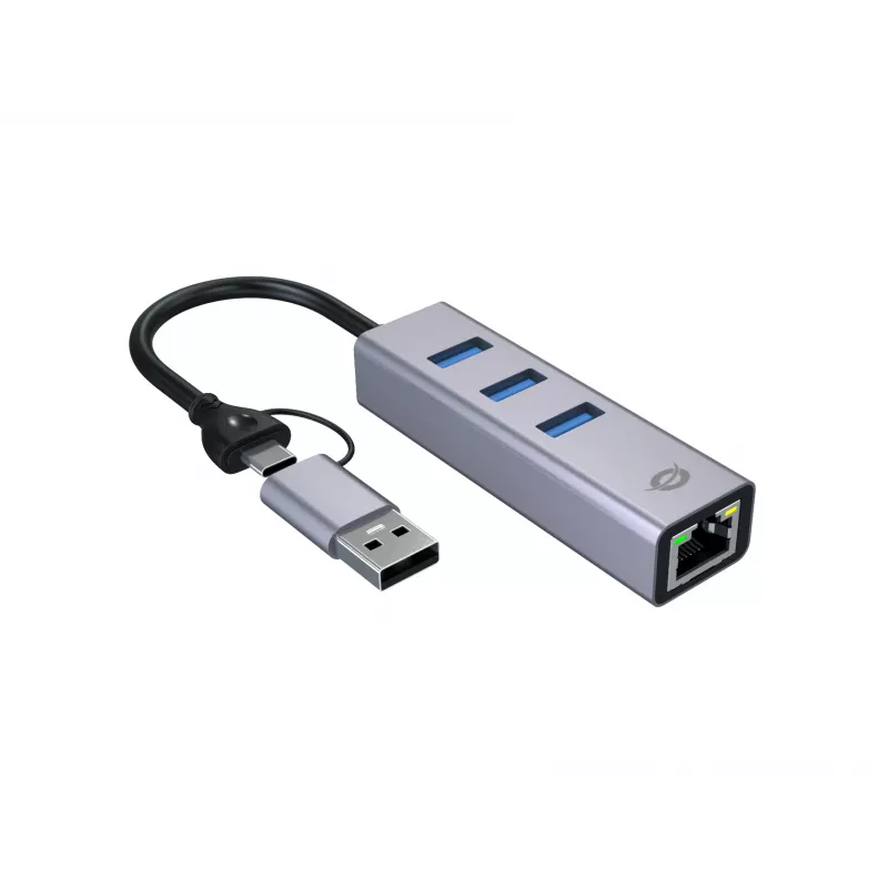 USB-C-zu-Gigabit-Netzwerkadapter mit 3-Port-USB-Hub CONCEPTRONIC ABBY25G — USB 3.2 Gen 1, 1 Gbit/s Ethernet, 3x USB-A, Aluminium, grau