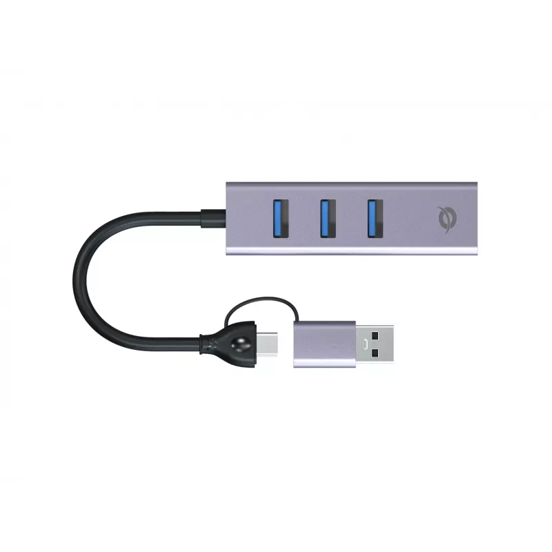 USB-C-zu-Gigabit-Netzwerkadapter mit 3-Port-USB-Hub CONCEPTRONIC ABBY25G — USB 3.2 Gen 1, 1 Gbit/s Ethernet, 3x USB-A, Aluminium, grau