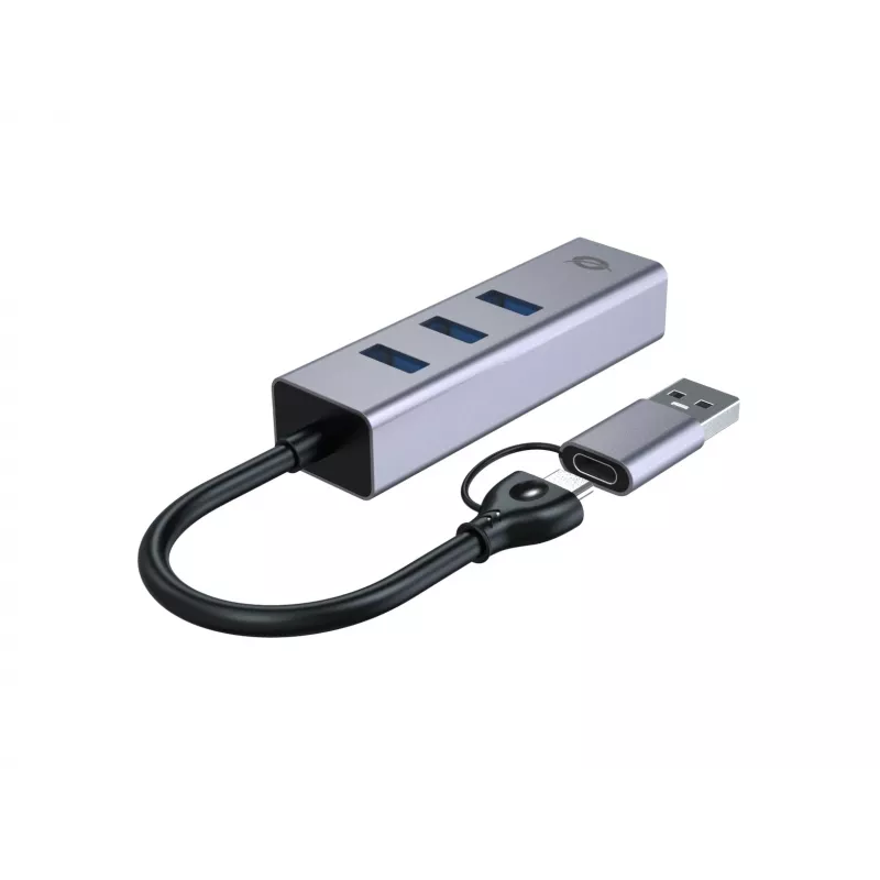 USB-C-zu-Gigabit-Netzwerkadapter mit 3-Port-USB-Hub CONCEPTRONIC ABBY25G — USB 3.2 Gen 1, 1 Gbit/s Ethernet, 3x USB-A, Aluminium, grau