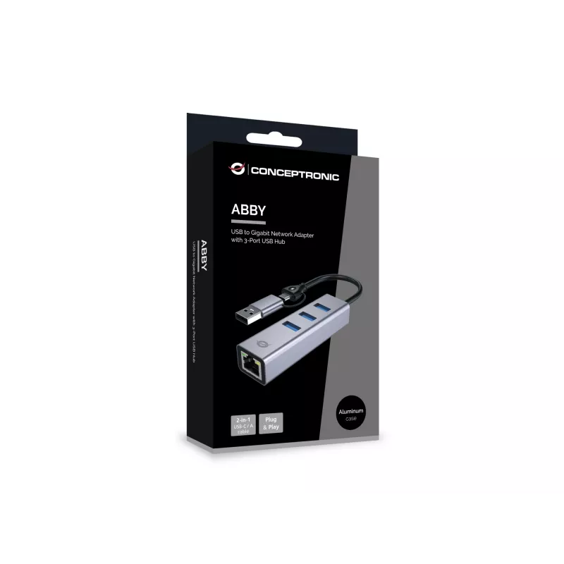 USB-C-zu-Gigabit-Netzwerkadapter mit 3-Port-USB-Hub CONCEPTRONIC ABBY25G — USB 3.2 Gen 1, 1 Gbit/s Ethernet, 3x USB-A, Aluminium, grau
