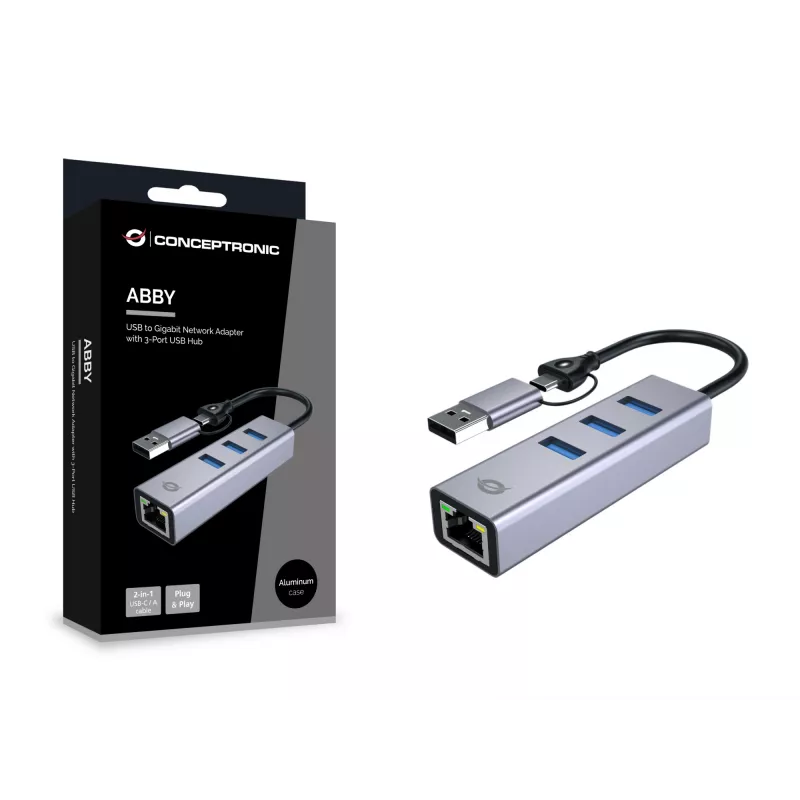 USB-C-zu-Gigabit-Netzwerkadapter mit 3-Port-USB-Hub CONCEPTRONIC ABBY25G — USB 3.2 Gen 1, 1 Gbit/s Ethernet, 3x USB-A, Aluminium, grau