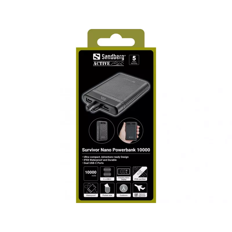 Sandberg Survivor Nano Powerbank 10000, 10000 mAh, Lithium-Ion (Li-Ion), 3,7 V, 20 W, Schwarz