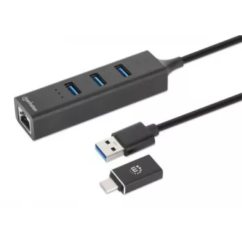 Manhattan USB-C & USB-A Combo-Dock/Hub, Anschlüsse (4): Ethernet und USB-A (x3), 5 Gbit/s (USB 3.2 Gen 1, auch als USB 3.0 bekannt), USB-gespeist (kein externes Netzteil erforderlich)
