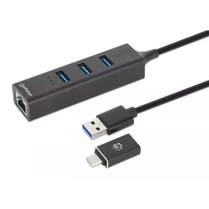 Manhattan USB-C & USB-A Combo-Dock/Hub, Anschlüsse (4): Ethernet und USB-A (x3), 5 Gbit/s (USB 3.2 Gen 1, auch als USB 3.0 bekannt), USB-gespeist (kein externes Netzteil erforderlich)
