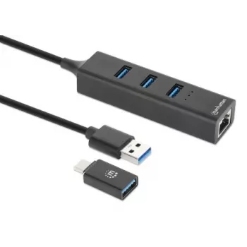 Manhattan USB-C & USB-A Combo-Dock/Hub, Anschlüsse (4): Ethernet und USB-A (x3), 5 Gbit/s (USB 3.2 Gen 1, auch als USB 3.0 bekannt), USB-gespeist (kein externes Netzteil erforderlich)