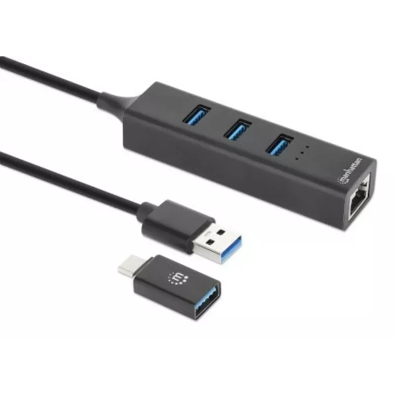 Manhattan USB-C & USB-A Combo-Dock/Hub, Anschlüsse (4): Ethernet und USB-A (x3), 5 Gbit/s (USB 3.2 Gen 1, auch als USB 3.0 bekannt), USB-gespeist (kein externes Netzteil erforderlich)