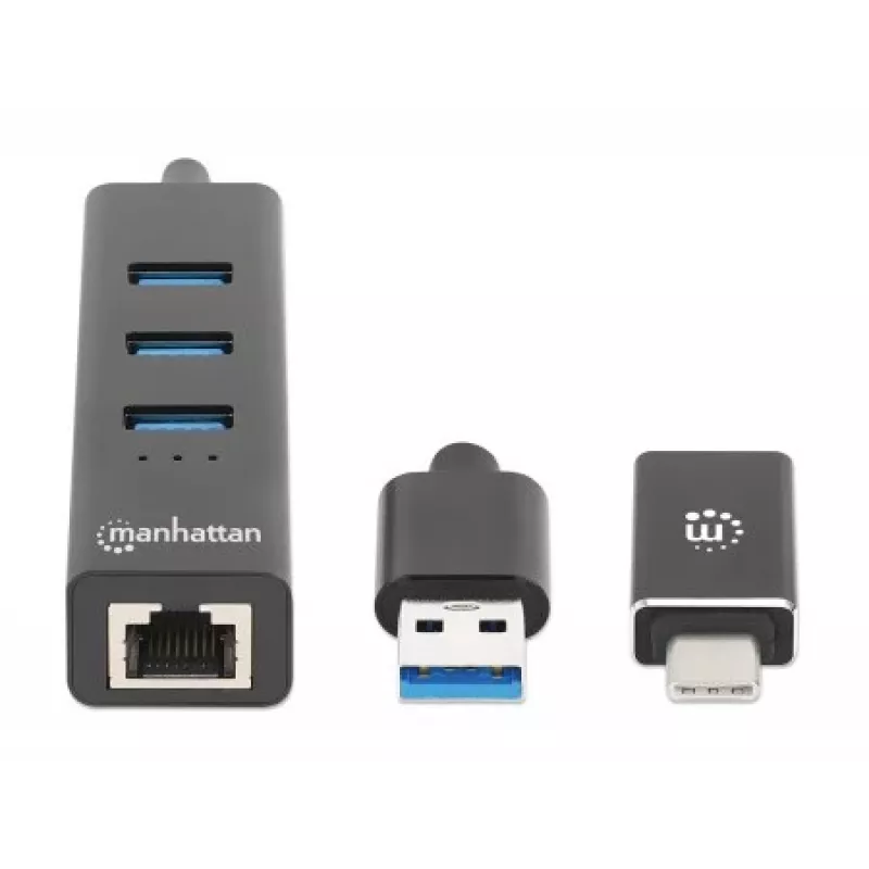Manhattan USB-C & USB-A Combo-Dock/Hub, Anschlüsse (4): Ethernet und USB-A (x3), 5 Gbit/s (USB 3.2 Gen 1, auch als USB 3.0 bekannt), USB-gespeist (kein externes Netzteil erforderlich)