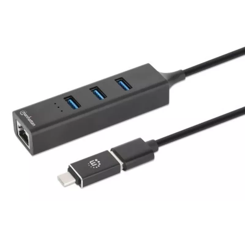 Manhattan USB-C & USB-A Combo-Dock/Hub, Anschlüsse (4): Ethernet und USB-A (x3), 5 Gbit/s (USB 3.2 Gen 1, auch als USB 3.0 bekannt), USB-gespeist (kein externes Netzteil erforderlich)