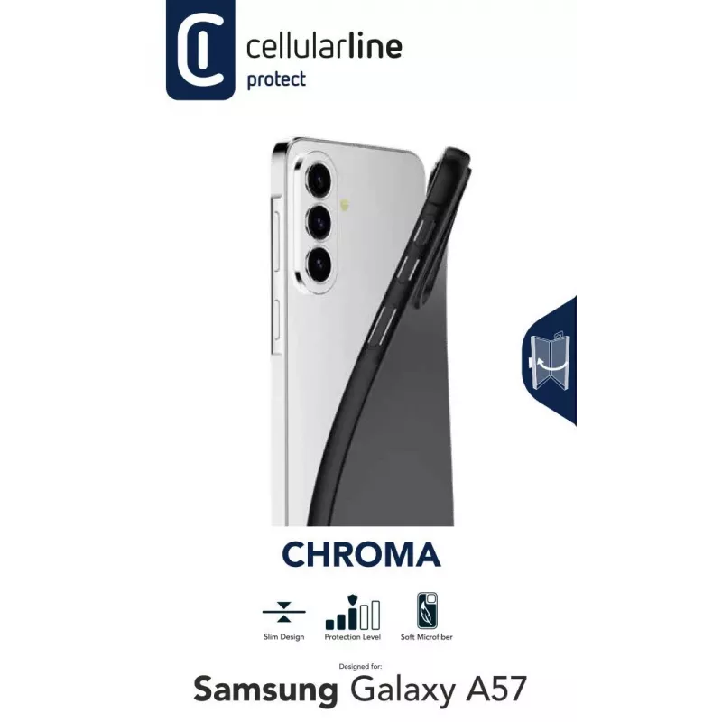 Cellularline CHROMA – Galaxy A57 farbige TPU-Hülle mit mattierter, griffiger Oberfläche und kratzfestem Mikrofaser-Innenfutter. Schützt Kanten und Tasten, ohne das Design des Telefons zu verändern.