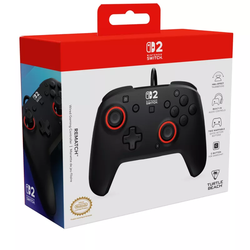 Kabelgebundener Gaming-Steuergerät Turtle Beach Rematch für Nintendo Switch 2 – USB‑C, 3 m Kabel, Zurück-Taste, D‑Pad, Schwarz