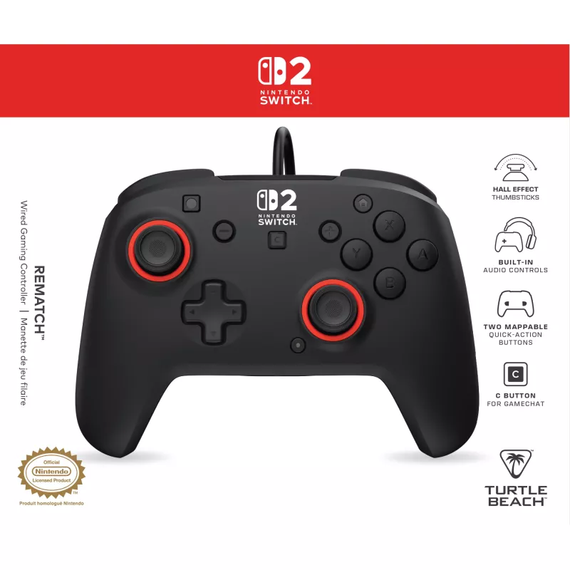 Kabelgebundener Gaming-Steuergerät Turtle Beach Rematch für Nintendo Switch 2 – USB‑C, 3 m Kabel, Zurück-Taste, D‑Pad, Schwarz