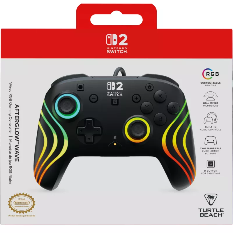 Gamepad Turtle Beach Afterglow Wave Schwarz Kabelgebundenes RGB-Gamepad für Nintendo Switch / Switch 2, USB-C, 3 m Kabel