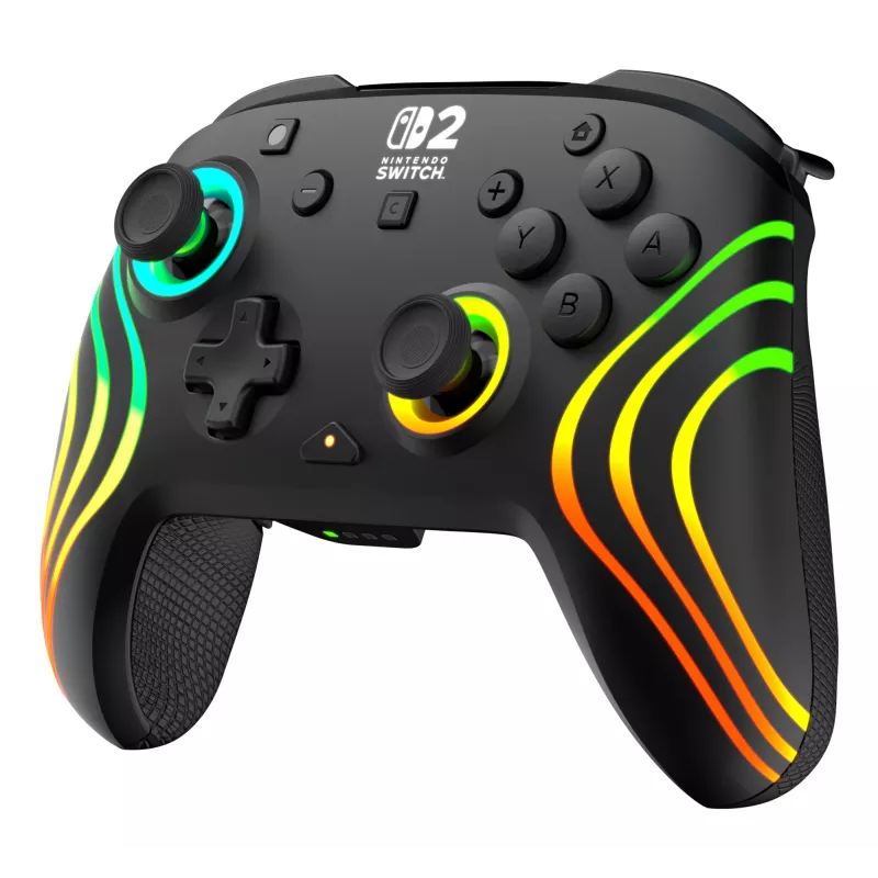Kabelloser RGB-Gaming-Steuergerät Turtle Beach Afterglow Wave Schwarz für Nintendo Switch 2 — Bluetooth/USB-C, integrierter Akku 20 h, 3 m Kabel