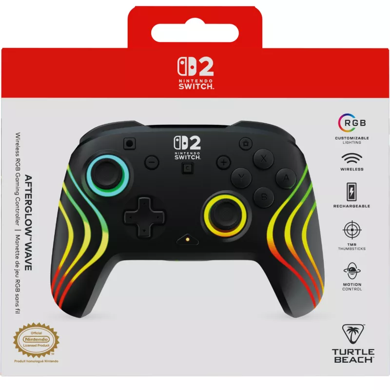 Kabelloser RGB-Gaming-Steuergerät Turtle Beach Afterglow Wave Schwarz für Nintendo Switch 2 — Bluetooth/USB-C, integrierter Akku 20 h, 3 m Kabel