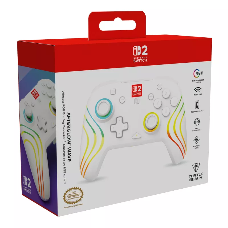 Kabelloser RGB-Gaming-Steuergerät Turtle Beach Afterglow Wave White für Nintendo Switch 2, Bluetooth/USB-C, integrierter Akku 20h, 3m Kabel