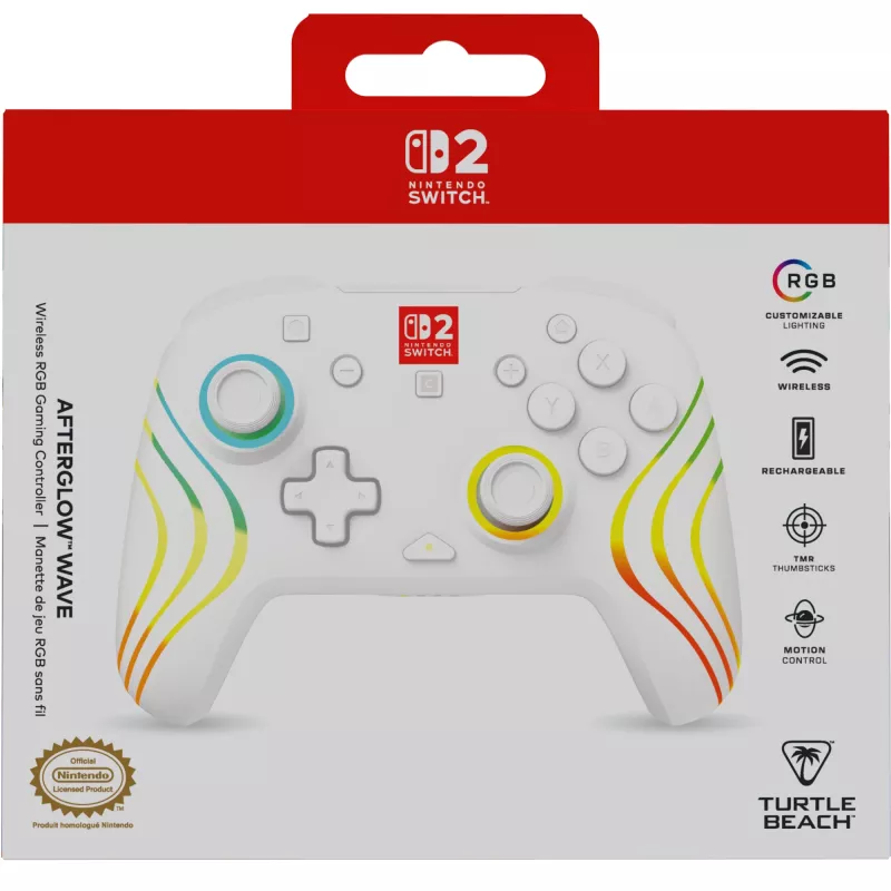 Kabelloser RGB-Gaming-Steuergerät Turtle Beach Afterglow Wave White für Nintendo Switch 2, Bluetooth/USB-C, integrierter Akku 20h, 3m Kabel